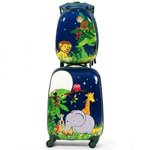COSTWAY Valise Enfants &agrave; roulettes 16&rsquo;&rsquo; & Sac &agrave; Dos 12&rsquo;&rsquo; avec Poign&eacute;e T&eacute;lescopique, Bagage Enfants avec Motif Animaux, 4 Roues Rotatives, Lot de 2 Valise pour Fille Gar&ccedil;on (FDS GmbH, neuf)