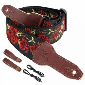 Nefelibata Sangle de guitare pour banjo, 5,1 cm de large, en cuir de vache pleine fleur, r&eacute;glable, sangle de guitare multi-motifs avec corde et bandeau en cuir (grande broderie rouge) (QianYu EU, neuf)