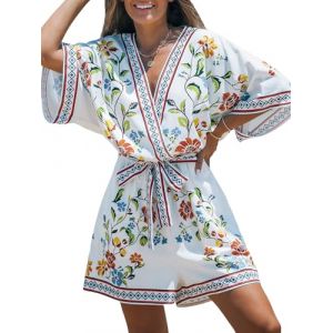 CUPSHE Combinaison pour femme avec encolure en V, d&eacute;coupe en dentelle, manches dolman imprim&eacute;es l&eacute;opard, jambes larges et courtes d&eacute;contract&eacute;es, Cachemire blanc., L (CUPSHE FR, neuf)