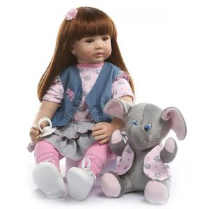 RUNGQIANY Bebe Reborn 60 Cm,PoupéE RéAliste Cheveux Bruns, Robe en Jean Realiste Bebe Reborn Fille, Doux Vinyle De Silicone Vrai,Reborn Dolls Toddler Fille,Cheveux Longs PoupéE Reborn Fille (YANXIA TOY, neuf)