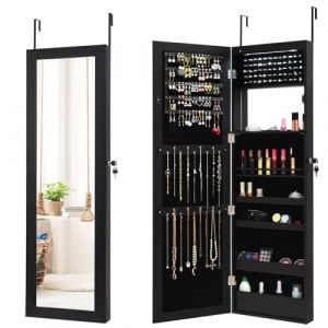 RELAX4LIFE Armoire &agrave; Bijoux Murale/Suspendue, Miroir Porte Bijoux Accrochable Verrouillable, &Eacute;clairage LED, Miroir HD Plein Longueur, Rangement pour Bracelets Colliers Bagues, Gain de Place (Noir) (RELAX4LIFE, neuf)