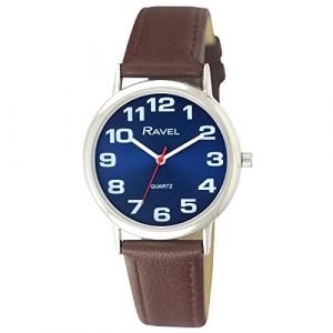 Ravel - Montre Bracelet Unisexe Facile &agrave; Lire avec de Gros Chiffres - Cadran Bleu/Ton argent&eacute;/Marron (Montres Ravel, neuf)