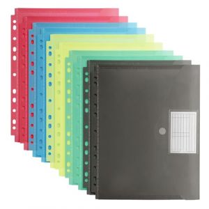 FRETONBA Pochette Plastique A4 10 Pièces, Pochettes Plastiques Perforées a4 5 Couleurs, Chemises avec Poche à Étiquette et Fermeture Scratch, Pochette Classeur pour Bureau, Voyage, Fournitures (FRETONBA, neuf)