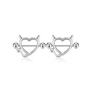 PiercingJak 2PCS Piercing Téton Mamelon Coeur Acier Inoxydable Femme Forme Démon Anneaux Mamelon Téton Anneaux de Téton 16Ga Bijoux de Corps Femme Sexy Punk-Argent (KKCAT, neuf)