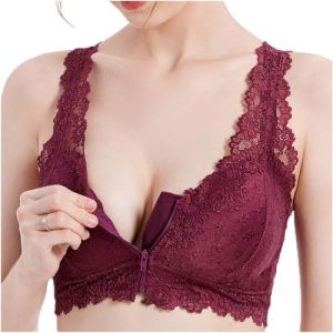 Soutien-Gorge De Mastectomie en Dentelle Sexy Fermeture Éclair sur Le Devant Post-Chirurgie Soutien-Gorge Chirurgical sans Fil avec Poches for Prothèse Mammaire Lingerie (Color : Red, Size : XL/X-La (Xiaoweini, neuf)