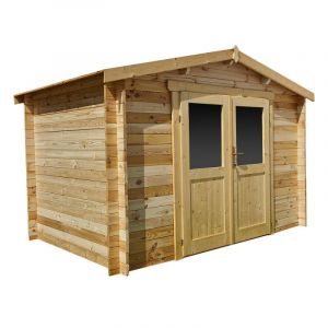 Gardy Shelter Abri de Jardin Bois Massif 6m&sup2; | Double Porte Semi-Vitr&eacute;e, Serrure, Toiture OSB | Marron, Madriers 28mm, 298x198cm (Mon Univers Jardin, neuf)