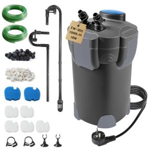 EXLECO Filtre Ext&eacute;rieur Aquarium 1000L/H 18W Pompe Externe D'aquarium R&eacute;glable avec Mat&eacute;riau Filtrant, Filtre Bassin Poisson Silencieux avec 3 &Eacute;tapes de Filtration pour R&eacute;servoir Jusqu'&agrave; 300 L Noir (ZLH2019, neuf)