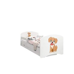 Happy Babies - LIT D'ENFANT DOUBLE FACE AVEC TIROIR Design moderne avec bords s&eacute;curis&eacute;s et matelas en mousse antichute 7 cm (Chien, 160/80) (EuroTrip, neuf)