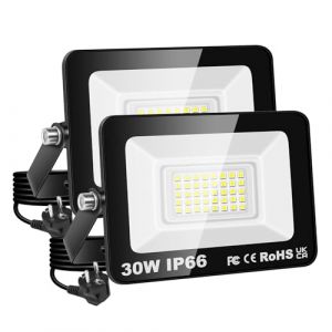 PICAA Projecteur LED 30W, étanche IP66, éclairage de sécurité 3000 lm, applique murale extérieure blanc froid 6500K pour jardin, cour, garage, terrasse, entrepôt, avec prise UE (2 pièce) (BEISHUO-UK, neuf)