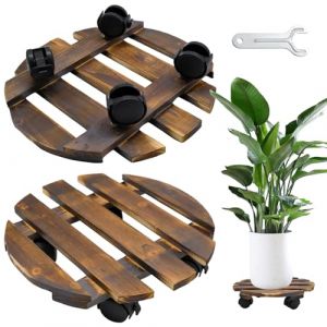 AMJKEJI Porte Plante a roulettes, Supports de Pots de Fleurs à roulettes en Bois 30 cm avec roulettes Pivotantes et Verrouillables, Rond Plateau Roulant pour Plantes Interieur Extérieur (AMJKEJI, neuf)
