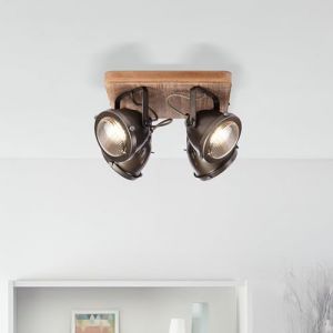 Lightbox plafonnier rustique, 4 flammes, GU10 max. 5 watts en métal/bois de peuplier noir canadien - en burned steel/brun (Lightbox-Shop, neuf)