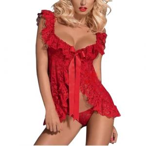 ROSVAJFY Femme Sexy Nuisette Dentelle Florale Lingerie Mini Chemise de Nuit avec String Babydoll Vêtements de Nuit Coquine Dentelle Transparente Robe de Nuit Courte Dos Nu (Rouge) (JuKunShangMao, neuf)