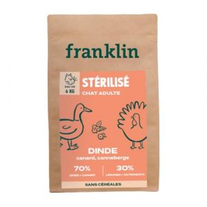 FRANKLIN – Croquettes Chat Stérilisé – Adulte – Gamme Carnivore – 70% de Dinde et de Canard – Riche en Protéines – Croquettes sans Céréales – Anti-Boule De Poil – Fermeture Intégrée – Taille 9mm – 6kg (Franklin Pet Food, neuf)