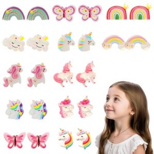 12 Paires Boucles d'oreilles Clip Fille Enfants, Magnifique Licorne Arc-en-ciel Non Piercing Boucles d'oreilles Princesse Bijoux Accessoires F&ecirc;te Anniversaire Cadeau (WANGSCQIUGUO, neuf)