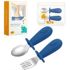 Qkie Couverts pour enfant - Avec sac de rangement - En acier inoxydable - Fourchette pour bébé - Avec poignées en silicone - Couverts d'apprentissage pour bébé - 10 mois + (bleu marine) (Timi Housewares, neuf)