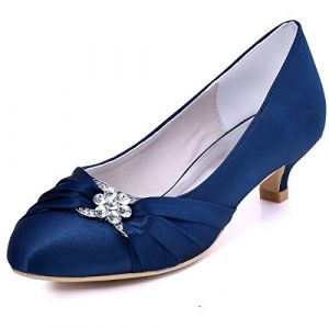 Elegantpark EP2006L Chaussure Mariage Femme Bout Rond Escarpins Femme Petit Talon Satin Plisse Strass Soirée Chaussures Mariée Bleu Marine 38 (EMMAVILLE, neuf)