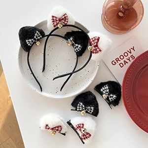 Pinces à cheveux, bandeau d'oreille de chat en peluche, nœud à carreaux en forme de cloche, nouveau filet rouge automne et hiver, épingle à cheveux mignonne for femme,(Black) (CYYWTZSM, neuf)
