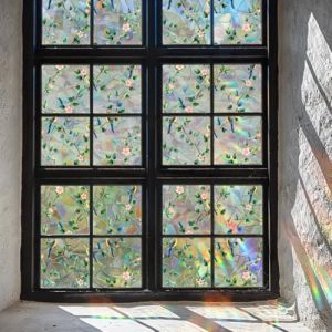 GORGECRAFT Film de Confidentialité Arc en Ciel Printanier de 100x43cm Oiseau sur Arbre Protection Solaire pour Fenêtre Vitrail Décoratif 3D Statique Résistant aux UV Non Adhésif pour Maison Chambre (GORGECRAFT FR, neuf)