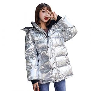 Doudoune d'hiver argent&eacute;e brillante &agrave; capuche amovible pour femme, Argent&eacute;., L (Yulikai, neuf)