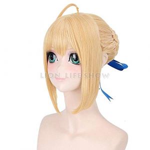 Fate Stay Night Synthétique Court Droite Jaune Argent Gris Blonde Sabre Cosplay Perruque Bangs Avec Autour De La Tête Fouets Fate Stay Night Comme image (long zhu tang, neuf)