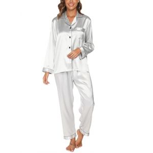 TeJoyce Pyjama Femme Satin, Ensembles de Pyjama en Satin de Soie Manches Longues et Pantalon Assorti V&ecirc;tements de Nuit Femme (FR/ES, Alpha/Lettres, M, Taille Normale, Taille Normale, Gris) (TeJoyce-FR, neuf)