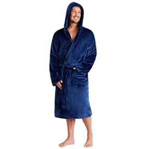 CityComfort Robes Peignoir &agrave; Capuche pour Homme en Polaire Douce Peignoir de Bain Peignoir de Bain avec Ch&acirc;le Fourrure d&eacute;tail ou hotte-Cadeau avec Ruban (M/L, Marine &agrave; Capuche) (Get Trend., neuf)