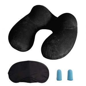 LUZWAY Coussin Gonflable Voyage, Tour de Cou Avion, Oreiller de Voyage Gonflable avec Bouchon d'oreille et Masque pour Les Yeux - Noir (MOCOCITO, neuf)