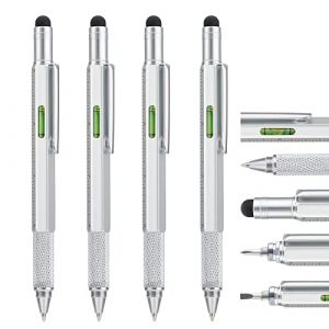 Stylo Multitool Pen 4 Pièces avec Recharges Supplémentaires, Stylo Métal Multifonction 6 en 1 avec Règle et Jauge de Niveau, Gadget Cool pour Homme, Cadeau pour Mari Papa Père (Argent) (Eorfa Direct, neuf)