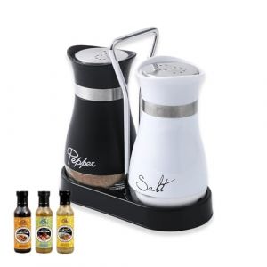 AMONENZ Sali&egrave;re et Poivri&egrave;re Ensemble, 120ml Avec Support Saliere et Poivriere de Table, Verre et Acier Inoxydable Sali&egrave;re, Design Noir et Blanc, pour la Maison, Restaurants et Camping (AMONENZ, neuf)