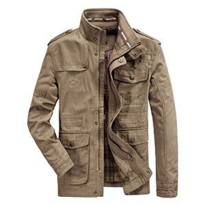 MERCIYD Veste demi-saison cargo pour homme, col montant, en coton, plusieurs poches, style militaire, adaptée à l’hiver, l'automne, décontractée, coupe-vent, marron, M (LIIOO, neuf)