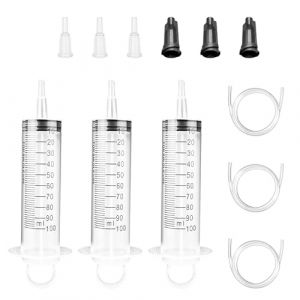 Lot de 3 seringues de 100 ml, 3 bouchons noirs avec adaptateur, tuyau, seringue avec tuyau, seringue à liquide, seringue en plastique pour l'alimentation animale, laboratoire, etc. (TERRY HALLS LIMITED, neuf)