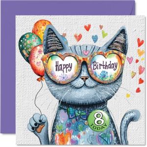 Carte d&rsquo;anniversaire fille 8 ans &ndash; Chat color&eacute; avec lunettes de soleil et confettis &ndash; Carte d&rsquo;anniversaire humoristique carr&eacute;e avec enveloppe et message int&eacute;rieur &ndash; Qualit&eacute; sup&eacute;rieure 145mm (Stuff 4, neuf)