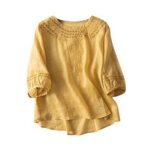 Chemisier Coton et Lin Manches Courtes pour Femme Blouses Ample Col Rond Tunique D'&eacute;t&eacute; Boh&egrave;me Folklore Vintage Broderie Top Hauts L&acirc;che Respirant T-Shirts Grande Taille Pas Cher Tunique Blouse Mode (GUnakd, neuf)