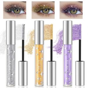 Lot de 3 mascaras à paillettes pour cils - Mascara à paillettes - Longue durée - Pour fête, cosplay et mariage - Argenté/doré/violet (LEEDU, neuf)