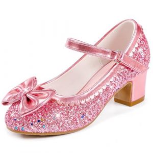 LAURMOSA Chaussure Princesse Fille Chaussures Talon Enfant Fille Mary Jane Chaussures Princesse 28 Rose Paillettes Nœud Mariage Anniversaire Fête Festivité Danse Soirée Cérémonie (FRL1036SePink 11) (Tentops, neuf)