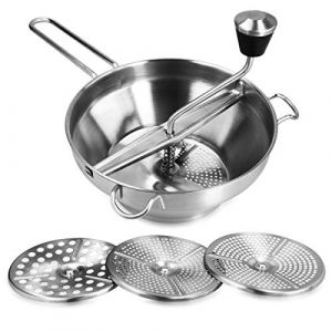 Navaris Presse-L&eacute;gumes Manuel - Moulin &agrave; L&eacute;gumes &Oslash; 19 cm en Inox - Passe-vite Passoire avec 3 Grilles - Presse-Pur&eacute;e Soupe Compote pour B&eacute;b&eacute; (SX-Commerce, neuf)