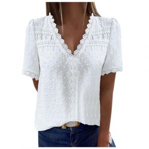 Chemisier Femme Dentelle Décontracté Col V Blouse Chic et Élégant Couleur Unie Vintage Manches Courtes Casual D'été Dentelle Blouse (Xxxxyejjj, neuf)