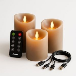 FLINQ Bougies Led Rechargeables USB - en Mati&egrave;re de Cire - Fausse Bougie Flamme Vacillante - par T&eacute;l&eacute;commande - Batterie longue Dur&eacute;e - 3 unit&eacute;s (FLINQ EUROPE, neuf)