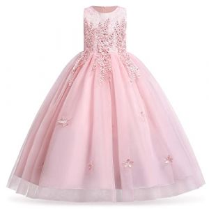 IWEMEK Robe Enfant Fille Mariage Tulle Dentelle Princesse Longue Fleur Brod&eacute;e Soir&eacute;e Demoiselle d'honneur Tutu sans Manches pour Pageant Bapt&ecirc;me F&ecirc;te Anniversaire Carnaval Rose 5-6 Ans (IWEMEK, neuf)