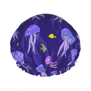Bonnet de douche r&eacute;utilisable pour femme, poisson jaune, m&eacute;duse violette, bonnet &agrave; cheveux double couche pour douche avec doublure en PEVA et corde &eacute;lastique (BinTu-EU, neuf)