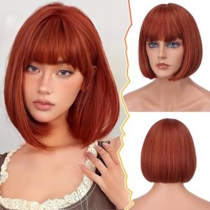 BARSDAR Courte Bob Perruque avec Franges, 30cm Auburn Perruque pour Les Femmes Courte Cuivr&eacute; Perruques Naturel Droite Synth&eacute;tiques Synth&eacute;tiques R&eacute;sistantes &agrave; la Chaleur Perruques - Cuivr&eacute; Auburn (BARSDAREU, neuf)