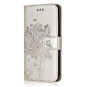 Coque pour Galaxy A8 2018, Conber Etui en Cuir PU Portefeuille, Antichoc Flip Case Housse Rétro Emboss Série de Chat et d'arbre pour Samsung Galaxy A8 2018 - Or (CONBER, neuf)