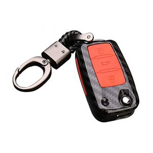Happyit Coque en Fibre de Carbone ABS + Silicone Cl&eacute; de Voiture Couverture Cas Porte-cl&eacute;s pour Volkswagen VW Bora Beetle Polo Tiguan Passat MK5 6 Jetta Golf (B Noir + Rouge) (Happyit66, neuf)