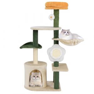 GOPLUS Arbre a Chat Moderne en Forme de Fleur en Coton, Arbre à Chat avec Perchoir Supérieur Rembourré, Griffoir et Planche en Sisal, Balle Suspendu, pour Chats d'Intérieur, Vert et Beige (Augenstern24, neuf)