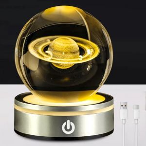 Veilleuse en boule de cristal 3D Système solaire 3D Boule de cristal avec LED, Boule de cristal LED Boule en verre Base de veilleuse colorée, 8 cm Lampe boule en verre avec socle en bois pour (ShopHop Business, neuf)