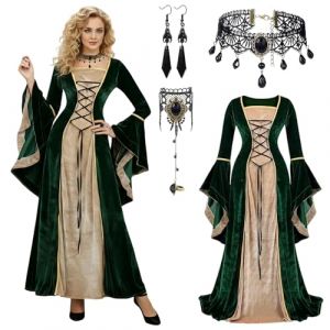 TOSZOLY Robe M&eacute;di&eacute;vale Femme, Robe Velours Femme avec Collier et Boucles D'oreilles, Costume m&eacute;di&eacute;val &agrave; Manches Cloche, Costume Carnaval pour F&ecirc;te R&eacute;tro Cosplay Halloween (Vert, L) (NIKLAVS TOMSONS, neuf)