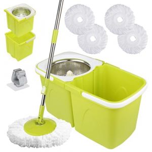 ARSUK Serpillière avec Seau Essoreur et Balai Rotatif – Ensemble Balai Serpillère pour Lavage du Sol | Seau Double Compartiment avec Essorage Automatique | 4 Têtes de Rechange et 1 Support de Balai (arsuk, neuf)