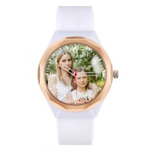 JSDDE Montre Photo Personnalisé pour Femme Homme, Montres Analogique Quartz Grand Cadran Facile à Lire en Métal, Montre Personnalisable Photo Image Bracelet en Silicone Boîte Or Rose (Blanc) (FEIXINFLY, neuf)