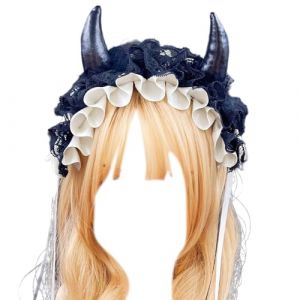 alloneslife Bandeau d'oreille en forme de corne de diable pour femme - Bandeau plissé en dentelle - Pour Halloween, photographie - Beige (JINGYIKEJIGS, neuf)