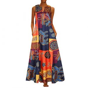Chanpning Femme Robe Longue Imprimé Floral Maxi Robe BohèMe avec Poches sans Manches Grande Taille Robe Trapeze Femme Robe Longue Fluide Robe D Ete pour Femme Robe Femme Chic Et Elegant (Blingko, neuf)